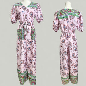 Paisley Jumpsuit Women Size Medium Pink Green Wide Leg Short Puff Sleeves Vneck